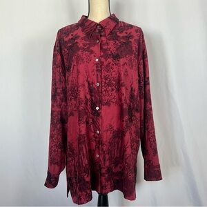 Soft Surroundings Red and Black Casual Button Down Shirt Rose burnout velvet